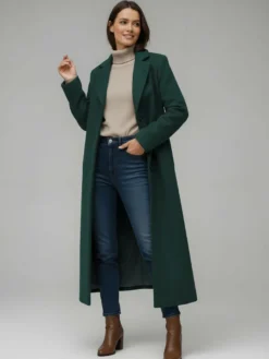 Manteau long droit en laine à simple boutonnage et revers cranté classique collection femme 2026