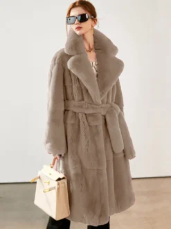 Manteau long en fausse fourrure avec revers crantés et ceinture Veste d'hiver écologique pour femme 2026