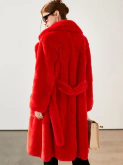 Manteau long en fausse fourrure avec revers crantés et ceinture Veste d'hiver écologique pour femme 2026
