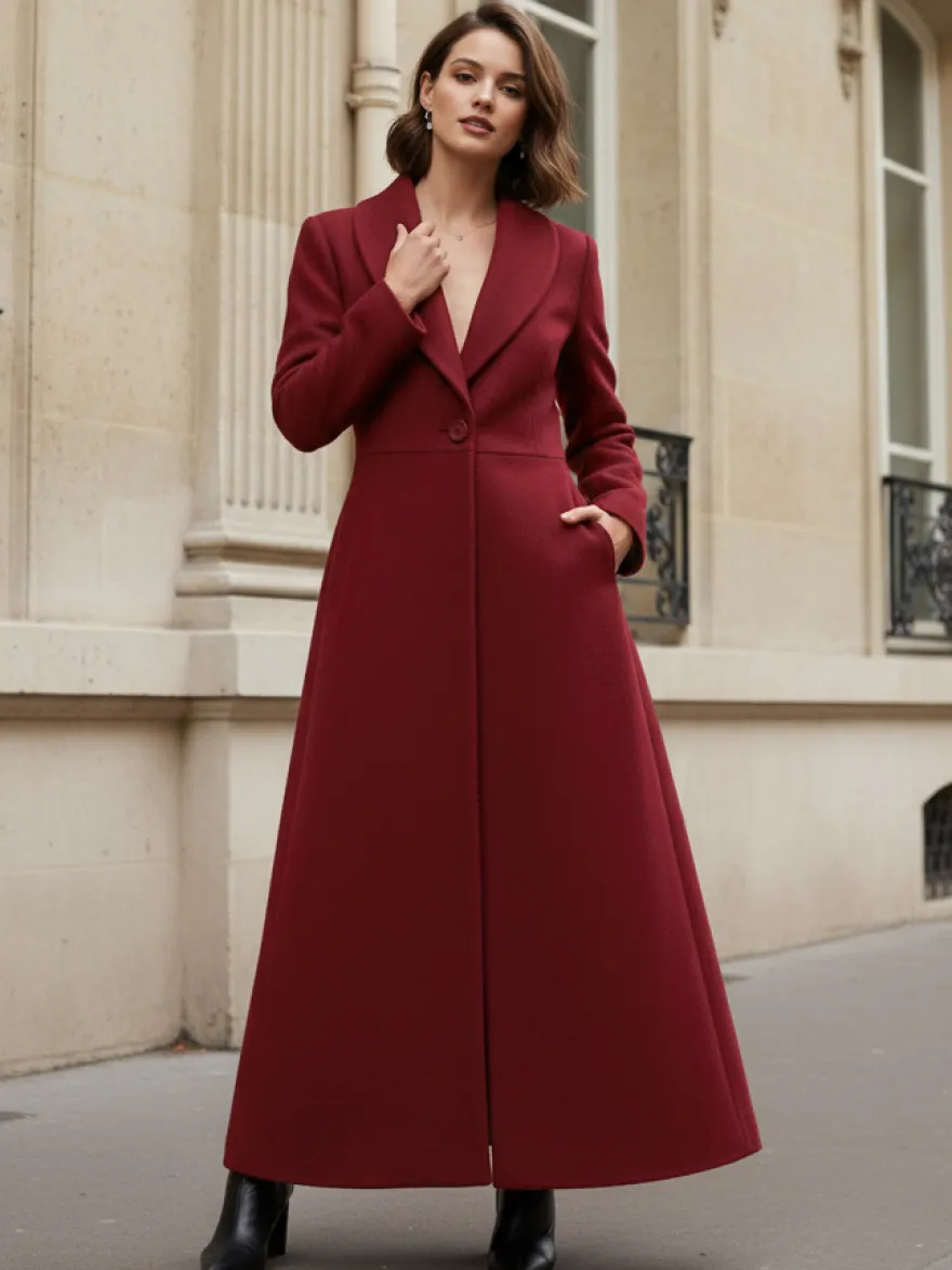 Manteau long en laine à col châle coupe trapèze et col en V pour femme 2026