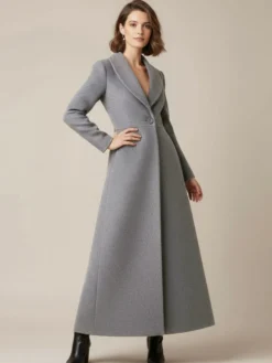Manteau long en laine à col châle coupe trapèze et col en V pour femme 2026