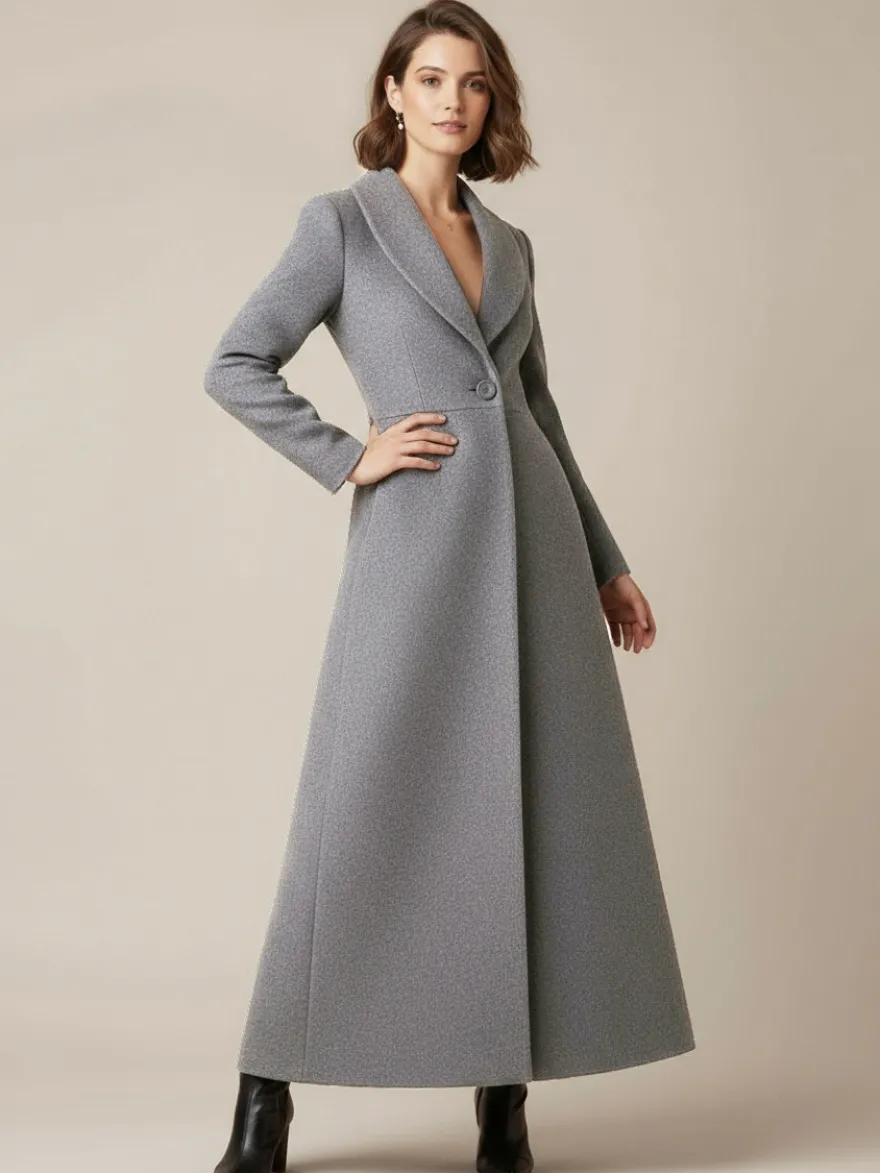 Manteau long en laine à col châle coupe trapèze et col en V pour femme 2026