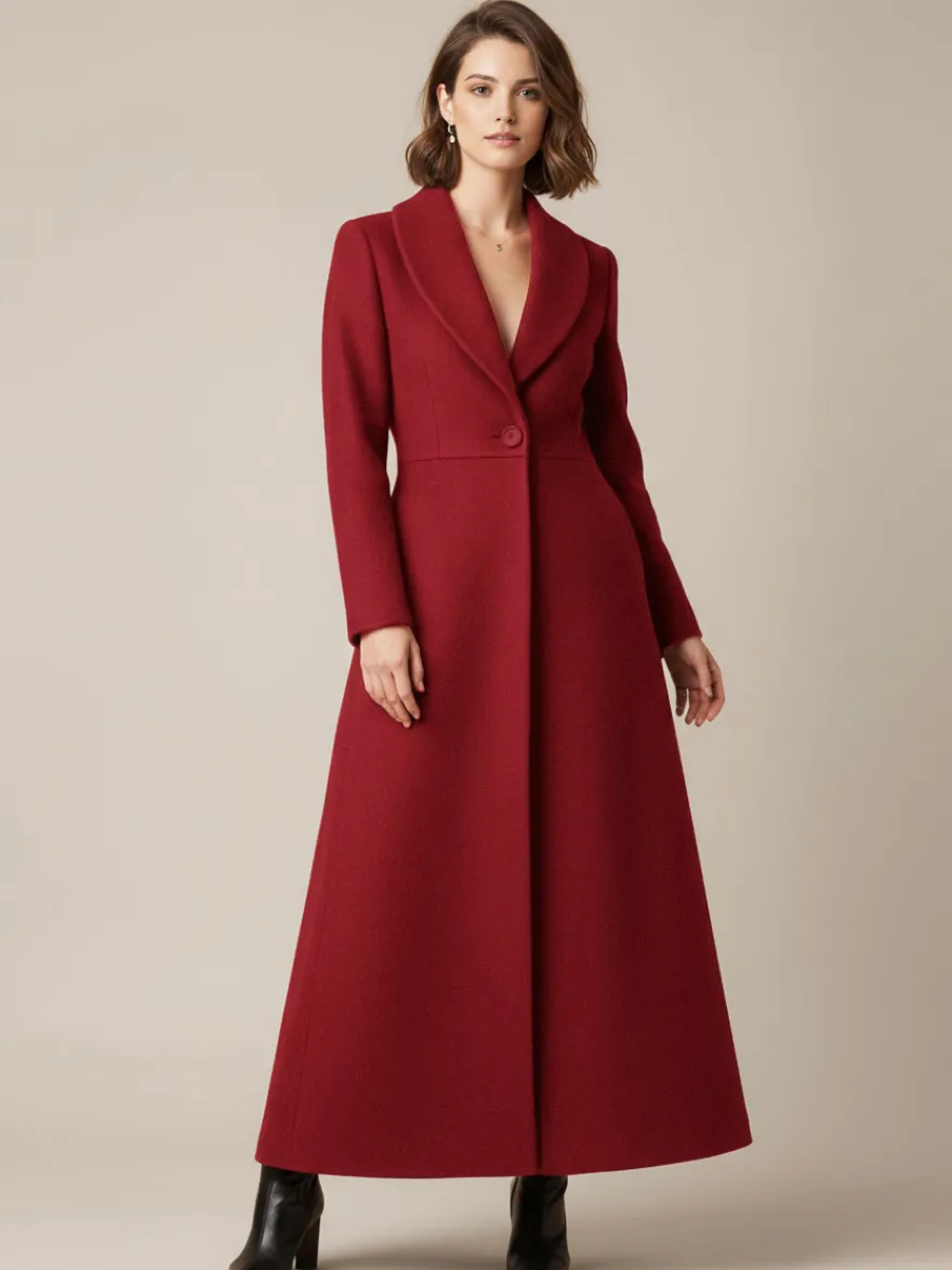 Manteau long en laine à col châle coupe trapèze et col en V pour femme 2026