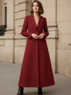 Manteau long en laine à col châle coupe trapèze et col en V pour femme 2026