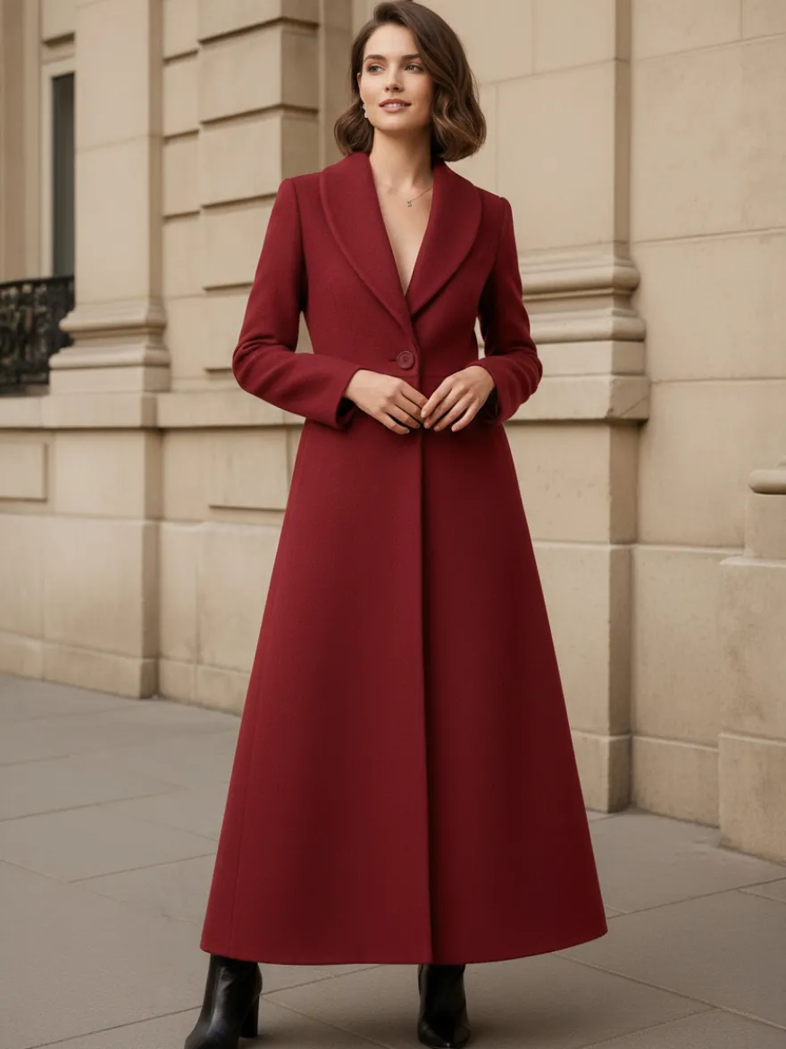 Manteau long en laine à col châle coupe trapèze et col en V pour femme 2026