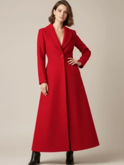 Manteau long en laine à col châle coupe trapèze et col en V pour femme 2026