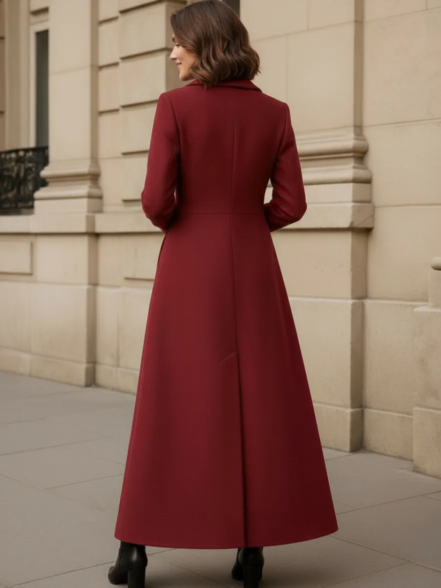 Manteau long en laine à col châle coupe trapèze et col en V pour femme 2026