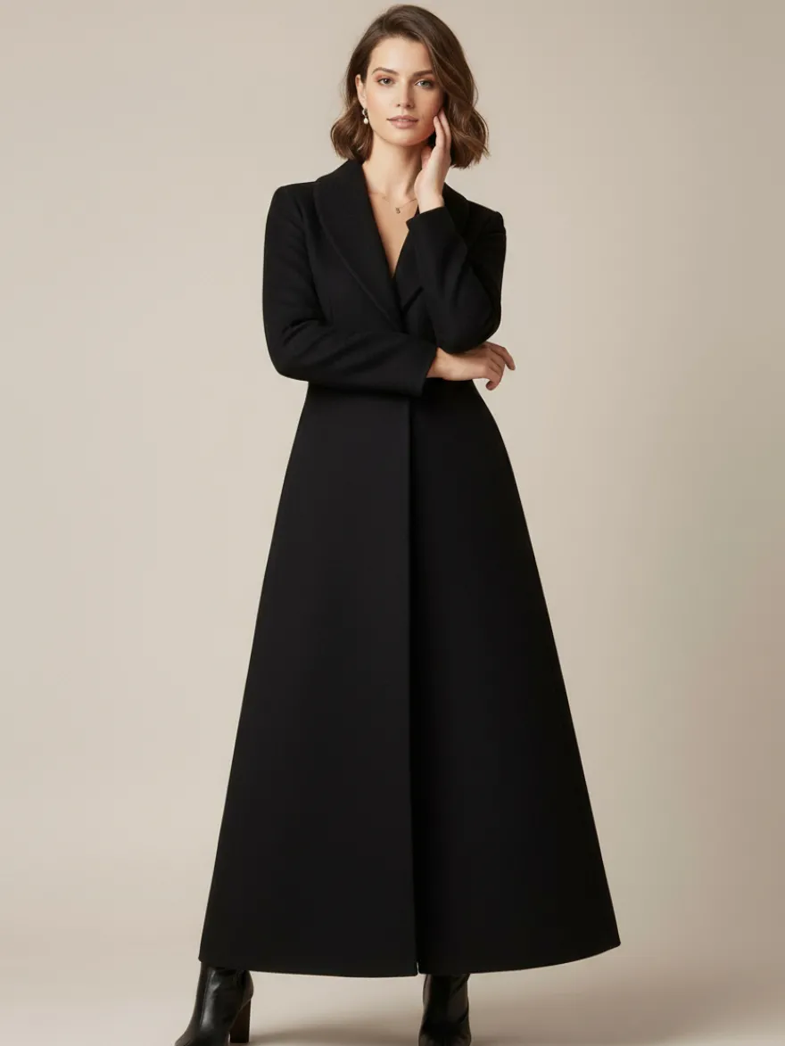 Manteau long en laine à col châle coupe trapèze et col en V pour femme 2026