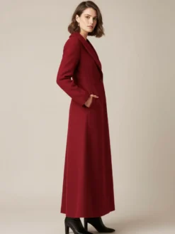 Manteau long en laine à col châle coupe trapèze et col en V pour femme 2026