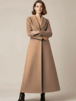 Manteau long en laine à col châle coupe trapèze et col en V pour femme 2026