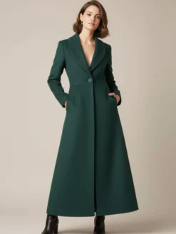 Manteau long en laine à col châle coupe trapèze et col en V pour femme 2026