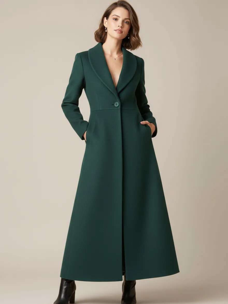 Manteau long en laine à col châle coupe trapèze et col en V pour femme 2026