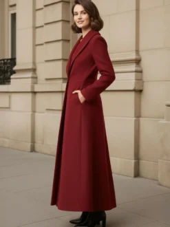 Manteau long en laine à col châle coupe trapèze et col en V pour femme 2026