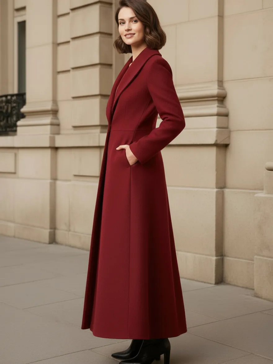 Manteau long en laine à col châle coupe trapèze et col en V pour femme 2026