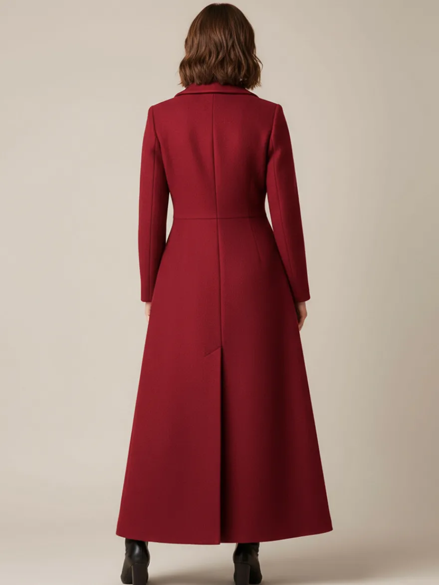 Manteau long en laine à col châle coupe trapèze et col en V pour femme 2026
