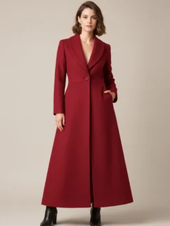 Manteau long en laine à col châle coupe trapèze et col en V pour femme 2026