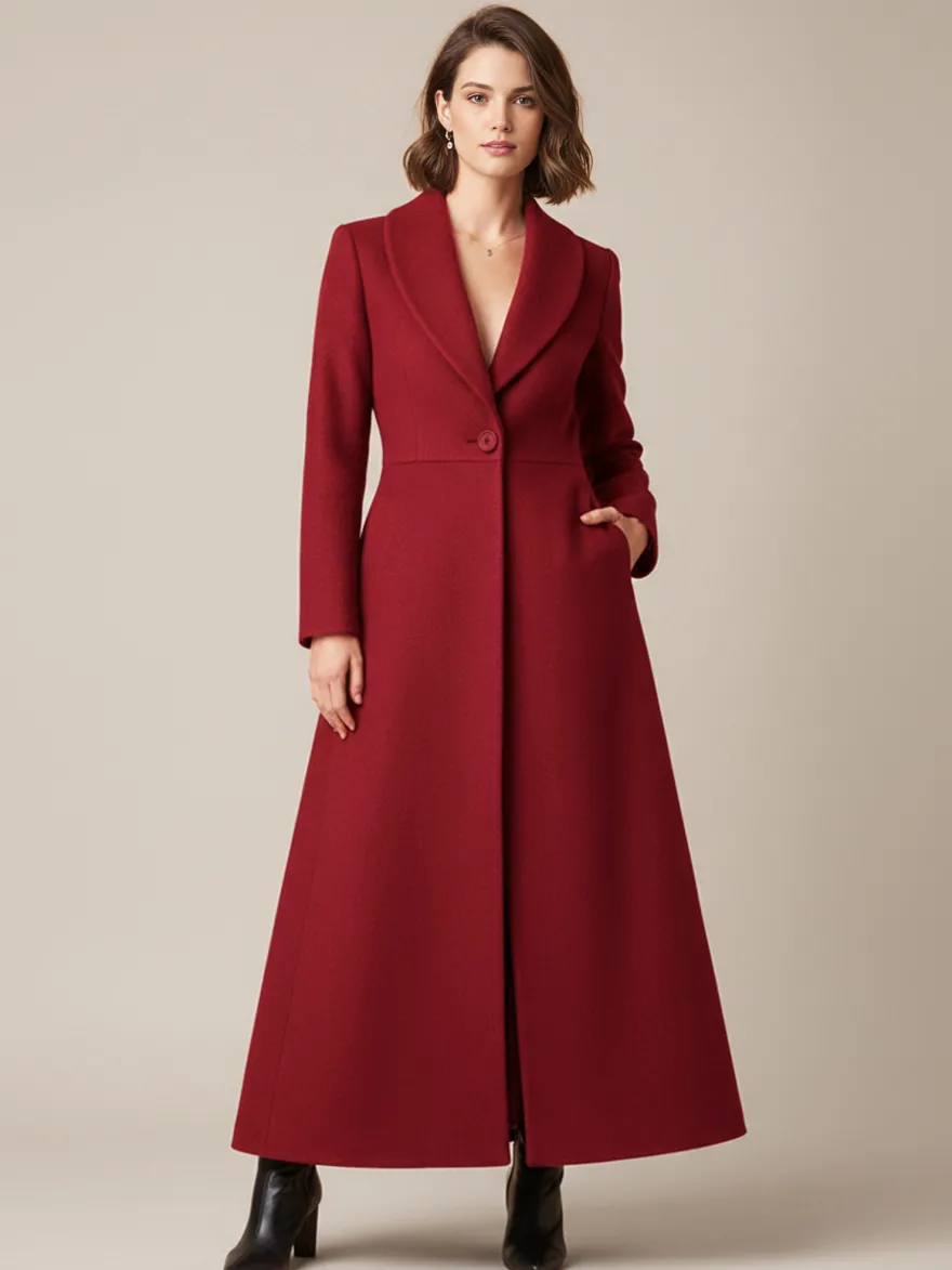 Manteau long en laine à col châle coupe trapèze et col en V pour femme 2026