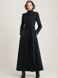Manteau long en mélange de laine noir avec ceinture et col montant pour femme vêtement d'extérieur d'hiver long pour femme 2026