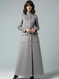 Manteau long maxi en laine avec col montant et poches à rabat pour femme 2026