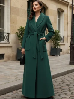 Manteau long maxi en laine ceinturé avec large col châle pour femme 2026