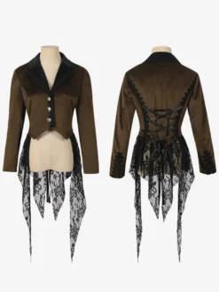 Manteau mi-long gothique marron café pour femme trench slim mode automne et hiver col montant foncé smoking de palais