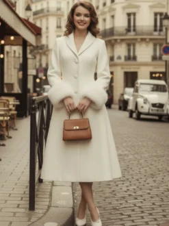 Manteau mi-long évasé en laine coupe trapèze vintage avec poignets amovibles en fausse fourrure blanche (collection 2026)