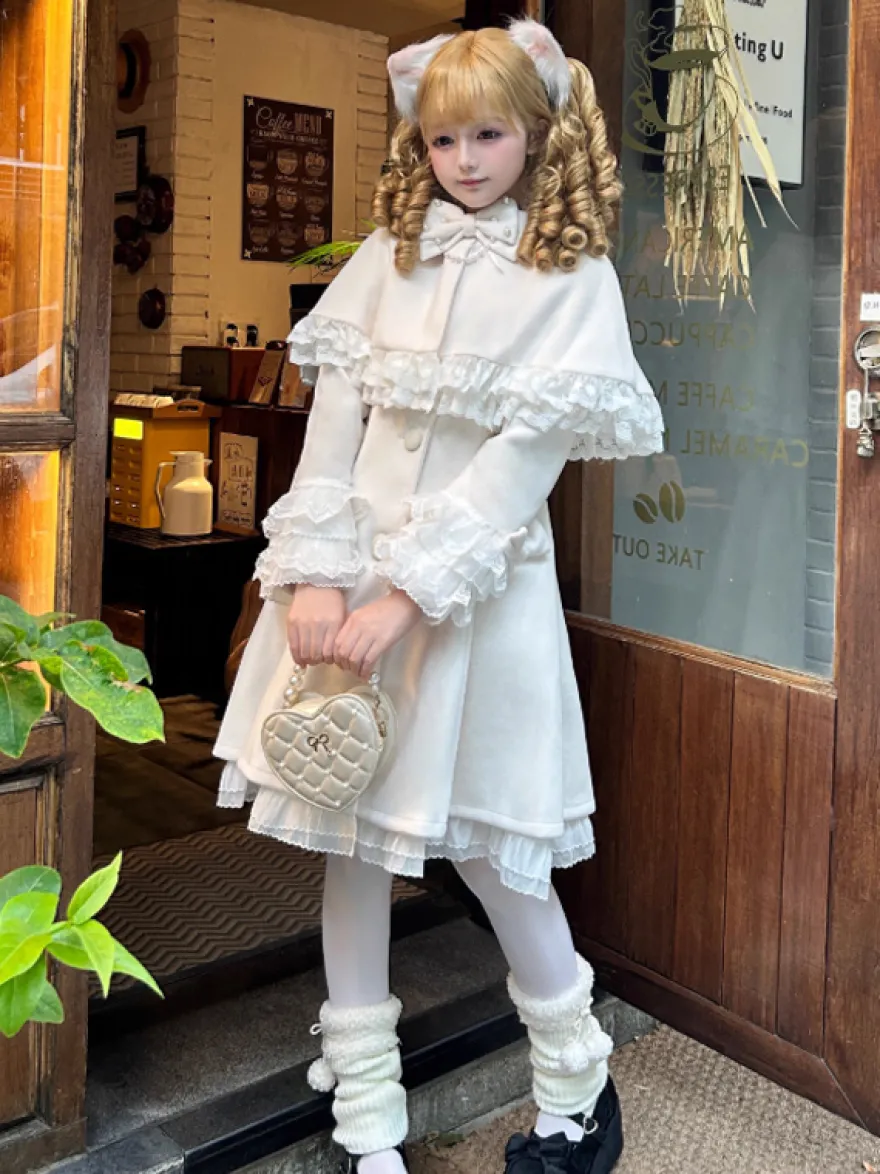 Manteau Sweet Lolita à nœuds noirs manches longues style automne-hiver avec cape