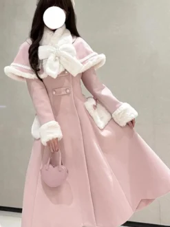 Manteau Sweet Lolita rose et blanc à nœuds cape pardessus manteau d'hiver Lolita