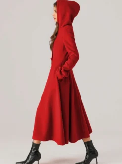 Manteau évasé en laine avec capuche pour femme rouge coupe trapèze long vêtement d'extérieur d'hiver 2026