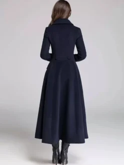 Manteau évasé en laine mélangée pour femme bleu marine foncé croisé revers larges coupe trapèze vêtements d'extérieur d'hiver 2026