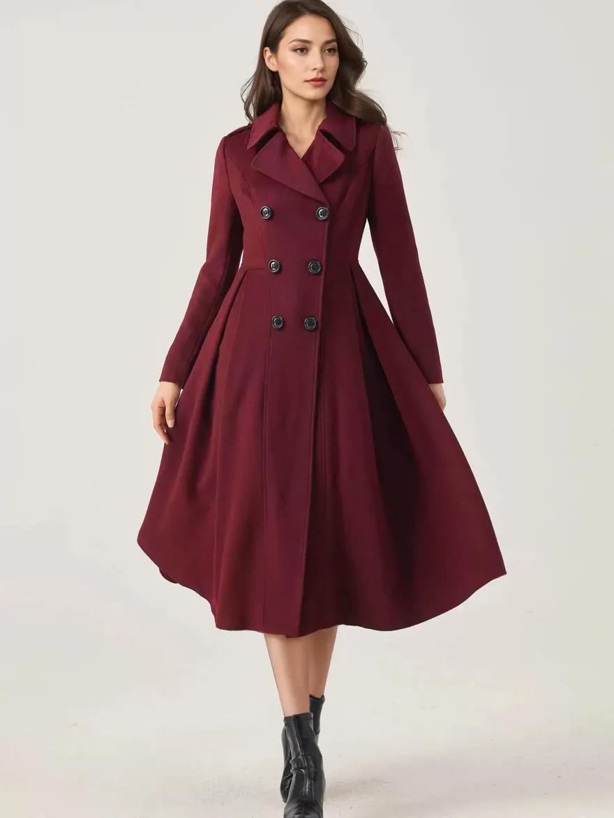 Manteau évasé en laine verte à double boutonnage à revers larges vêtements d'extérieur d'hiver A-line Midi 2026