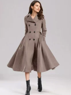 Manteau évasé en laine verte à double boutonnage à revers larges vêtements d'extérieur d'hiver A-line Midi 2026