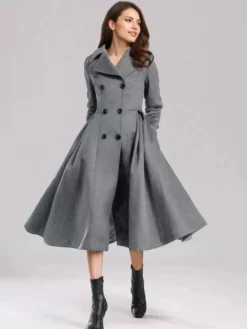 Manteau évasé en laine verte à double boutonnage à revers larges vêtements d'extérieur d'hiver A-line Midi 2026
