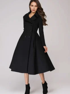 Manteau évasé en laine verte à double boutonnage à revers larges vêtements d'extérieur d'hiver A-line Midi 2026