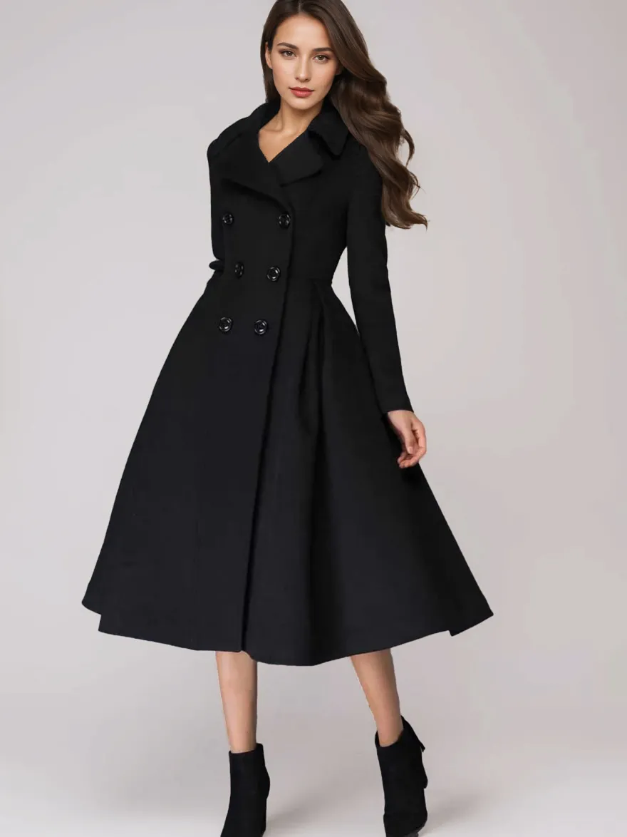 Manteau évasé en laine verte à double boutonnage à revers larges vêtements d'extérieur d'hiver A-line Midi 2026