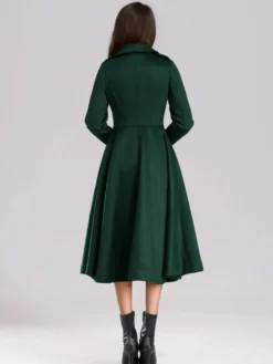 Manteau évasé en laine verte à double boutonnage à revers larges vêtements d'extérieur d'hiver A-line Midi 2026