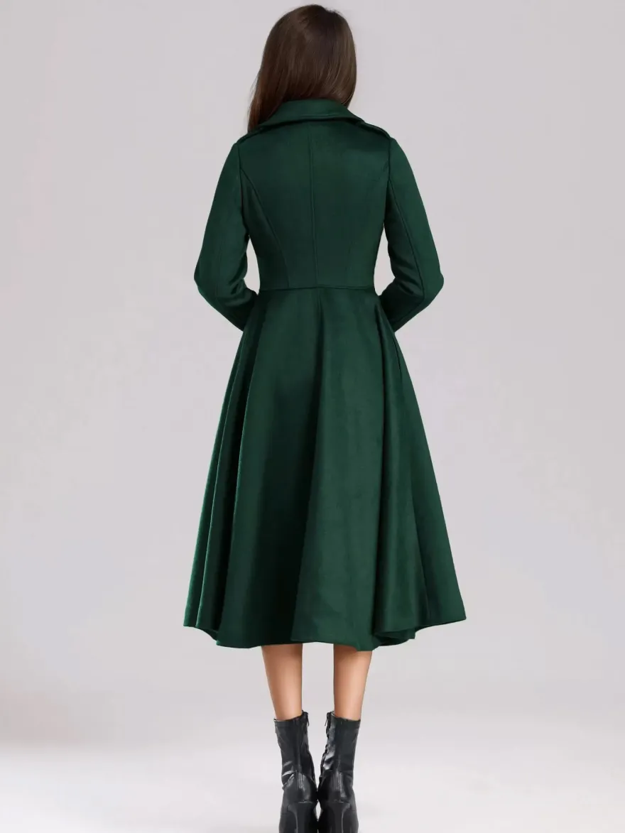 Manteau évasé en laine verte à double boutonnage à revers larges vêtements d'extérieur d'hiver A-line Midi 2026