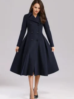 Manteau évasé en laine verte à double boutonnage à revers larges vêtements d'extérieur d'hiver A-line Midi 2026