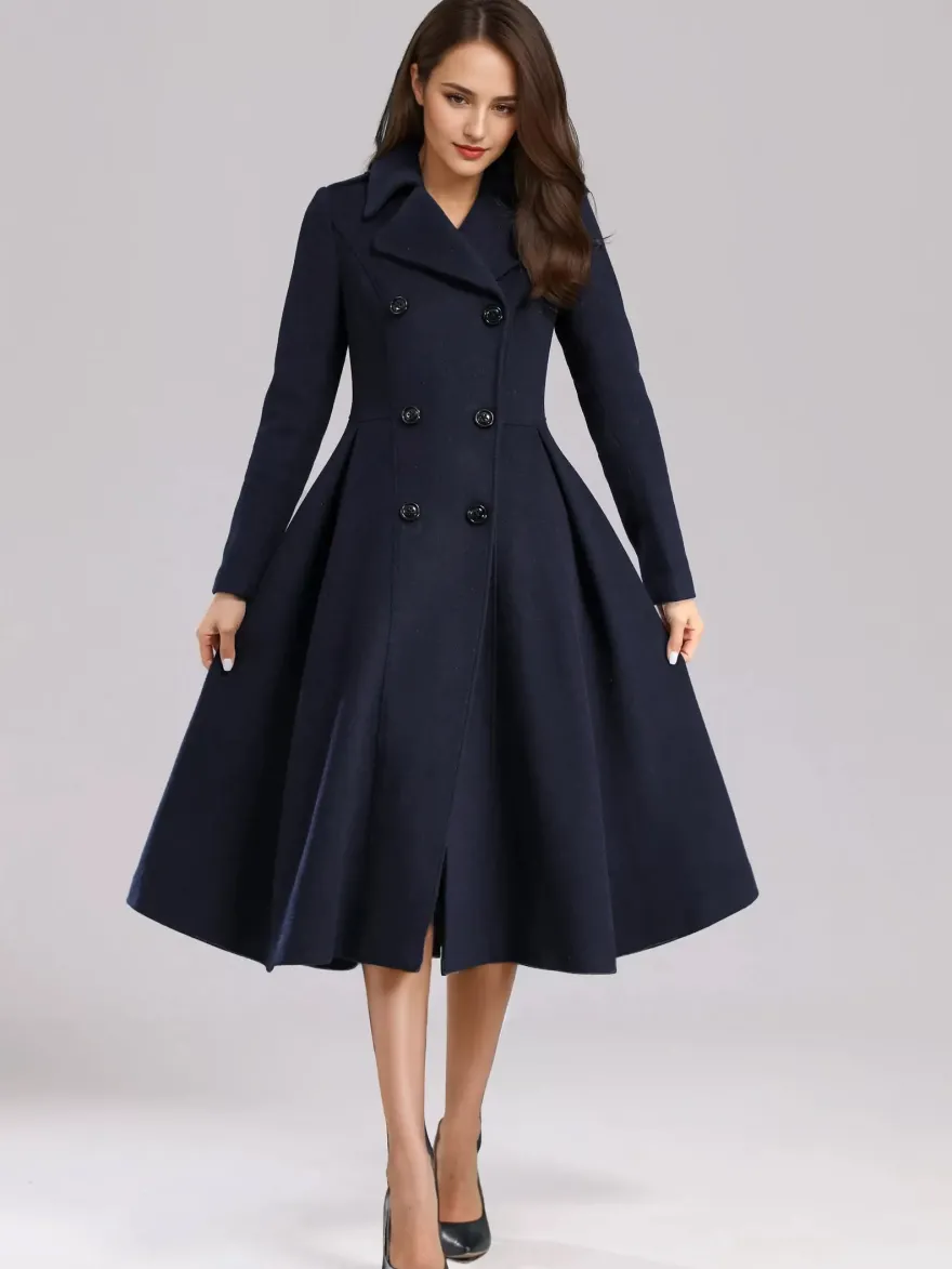 Manteau évasé en laine verte à double boutonnage à revers larges vêtements d'extérieur d'hiver A-line Midi 2026