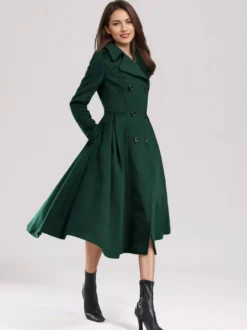 Manteau évasé en laine verte à double boutonnage à revers larges vêtements d'extérieur d'hiver A-line Midi 2026