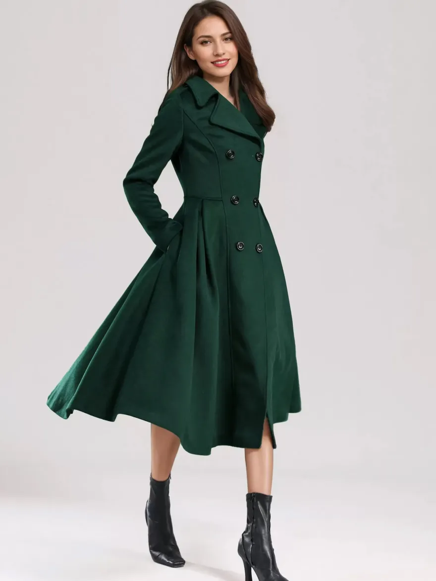 Manteau évasé en laine verte à double boutonnage à revers larges vêtements d'extérieur d'hiver A-line Midi 2026