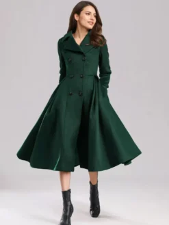 Manteau évasé en laine verte à double boutonnage à revers larges vêtements d'extérieur d'hiver A-line Midi 2026