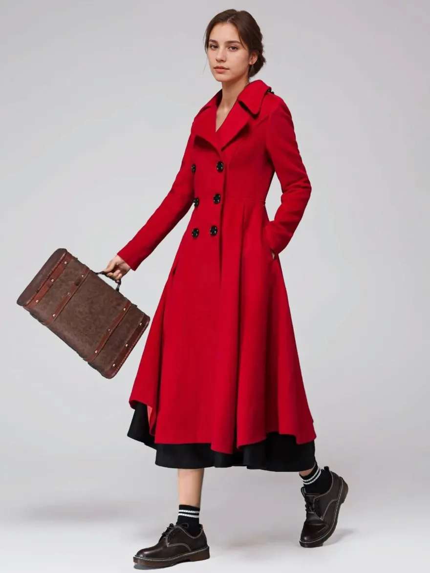 Manteau évasé en laine verte à double boutonnage à revers larges vêtements d'extérieur d'hiver A-line Midi 2026
