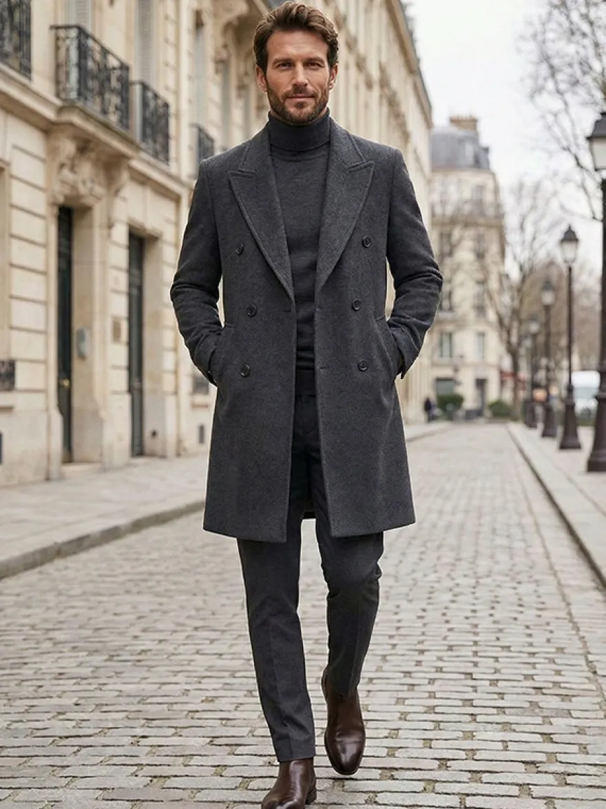 Manteaux Costume Hommes Double Boutonnage Col Rabattu Confortable Gris Moderne