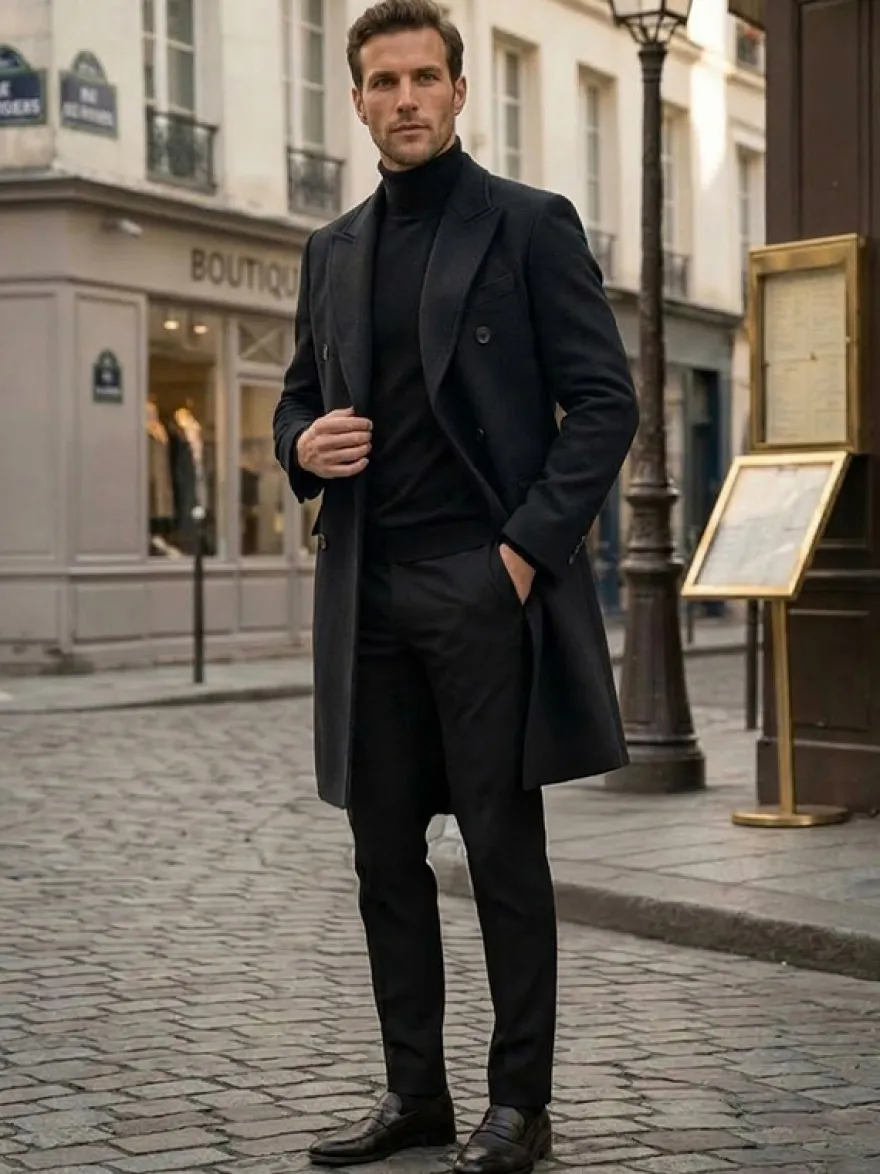 Manteaux Costume pour hommes Double boutonnage Col rabattu Décontracté Noir Moderne