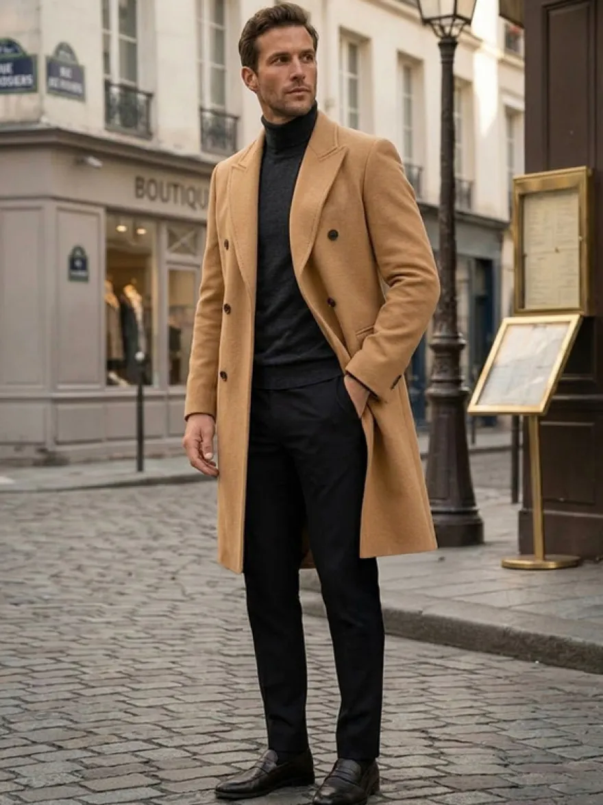 Manteaux Costume pour hommes Double boutonnage Col rabattu Décontracté Noir Moderne
