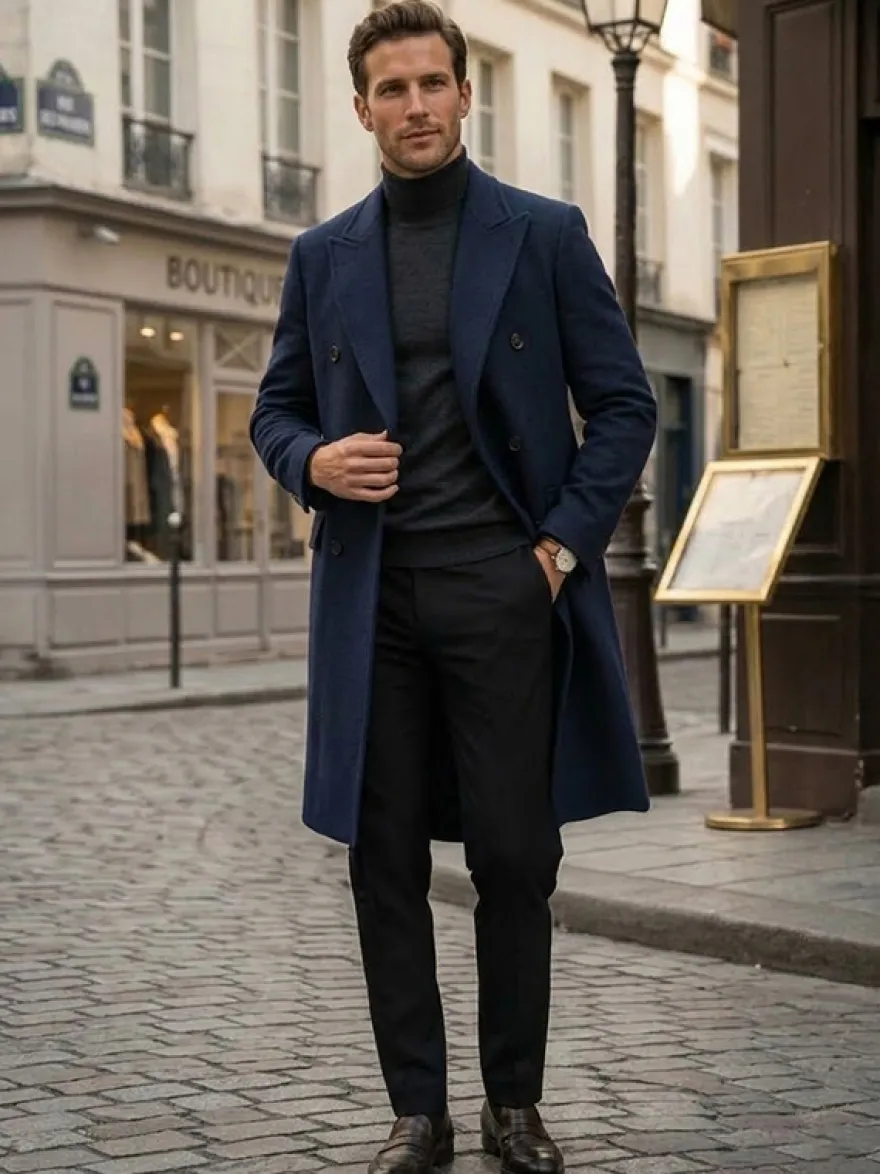 Manteaux Costume pour hommes Double boutonnage Col rabattu Décontracté Noir Moderne