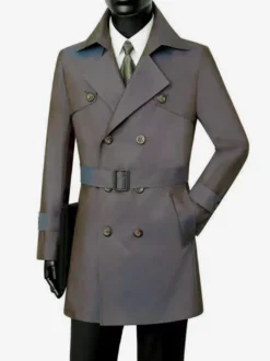 Manteaux Costume Pour Hommes Double Boutonnage Ceinture Col Rabattu Chic Gris