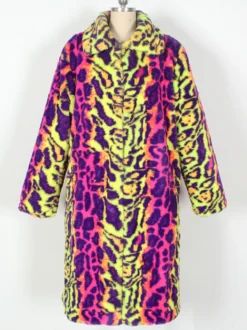 Manteaux En Fausse Fourrure Léopard Rose Jaune Hiver Chaud Hommes Veste Manches Longues Col Rabattu