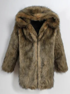 Manteaux En Fausse Fourrure Marron Foncé Hiver Chaud Hommes Veste Manches Longues Col Rabattu Capuche